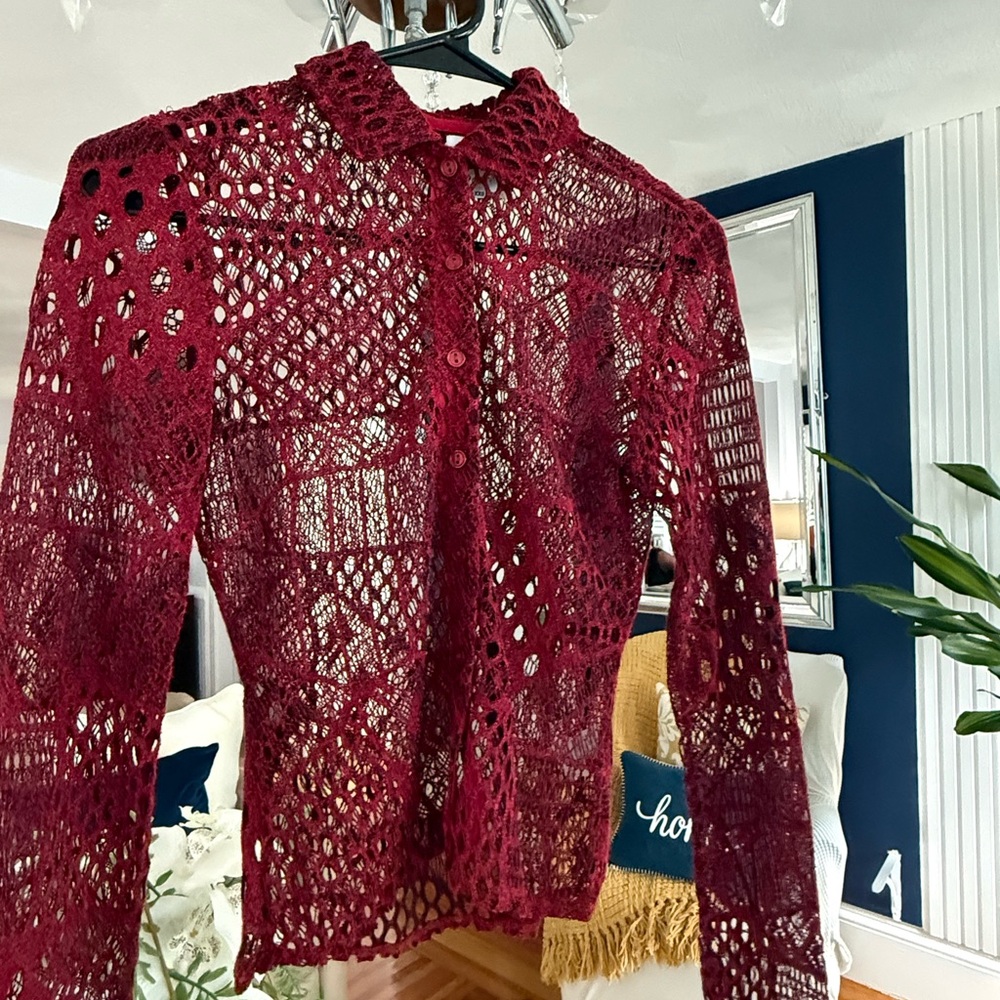 With Jean Burgundy Crochet Button-Up Top & Skirt